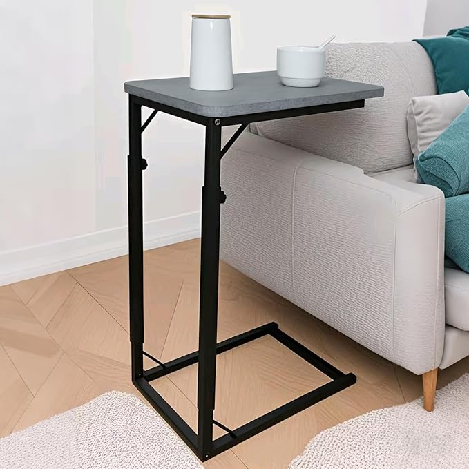 C-Shaped End Table for Couch, Adjustable Sofa Side Table with Sturdy Metal Frame, Small Space Rustic Gray TV Tray Table for Living Room, Bedroom, Bedside, Modern Functional Accent Furniture