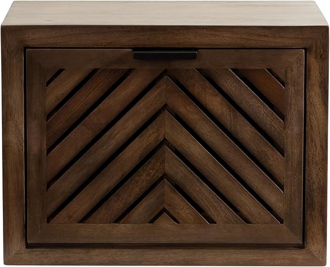 Kate and Laurel Mezzeta Modern Floating Shelf Side Table with Storage Cubby; 16 x 10 x 12; Natural Wood; Decorative Slatted Wood Floating Nightstand with Pull Down Door for Use as Bathroom Storage