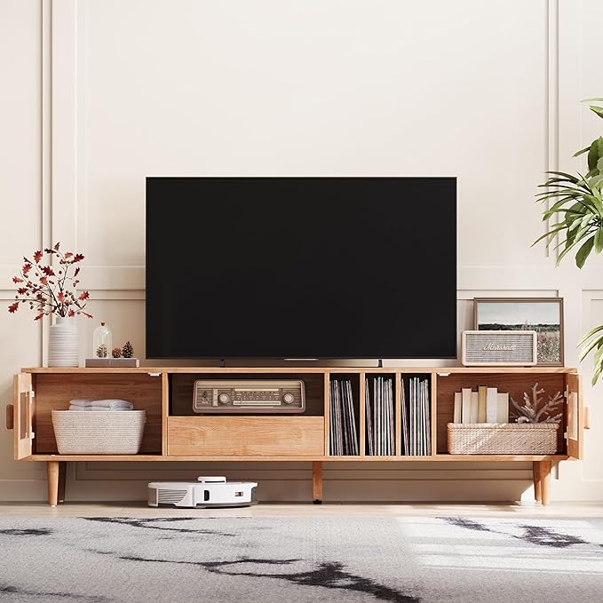 LINSY 70" TV Stand for TVs up to 80 Inch, Mid Century Modern Entertainment Center with Storage Drawer and Open Shelves, TV Console with Glass Door Cabinets for Living Room, Bedroom, Rustic Brown