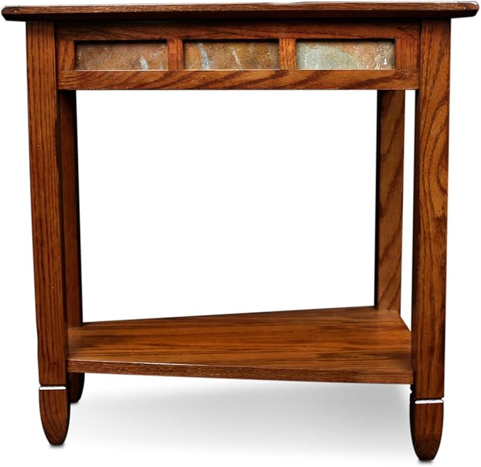 Leick Home Slate End Table, Solid Wood, Narrow Wedge Shape, Slate Tile Insets, Bottom Display Shelf, Easy-Assembly, Rustic Oak, 23.5 in. L x 17 in. W x 24 in. H, 10056