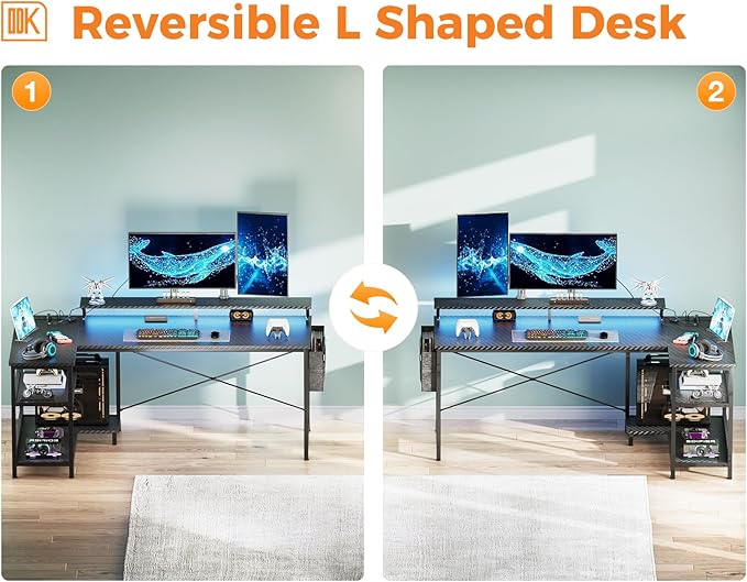 ODK 66 Inch Gaming Desk with USB Charging Ports and LED Lights, Reversible L Shaped Computer Desk with Storage Shelves & Monitor Stand, Corner Gamer Desk Table with Power Outlets, Carbon Fiber Black