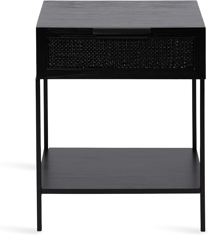 Kate and Laurel Ori Modern Cane Rectangle Side Table, 18 x 15 x 24, Black, Versatile Rattan Living Room End Table with Drawer for Storage and Home Decor