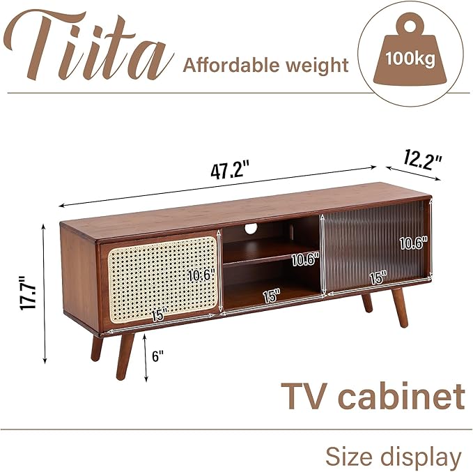 Tiita Rattan TV Stand for 55 Inch TV, Bamboo TV Cabinet with Adjustable Shelf and Storage, Boho Entertainment Center, Mid Century Modern Media Console for Bedroom, Living Room, Study, Walnut