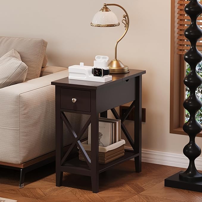ChooChoo End Table Set of 2, Flip Top Narrow End Table with Drawer, Accent Small Side Table Nightstand for Living Room, Bedroom, and Small Spaces, Espresso