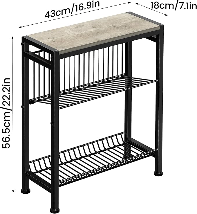 Narrow Side Table for Small Space, 3-Tier End Table with Magazine Holder, Slim Nightstand with Wire Shelf, Skinny Bedside Table in Living Room, Bedroom, Study, Kitchen and Balcony(Greige)