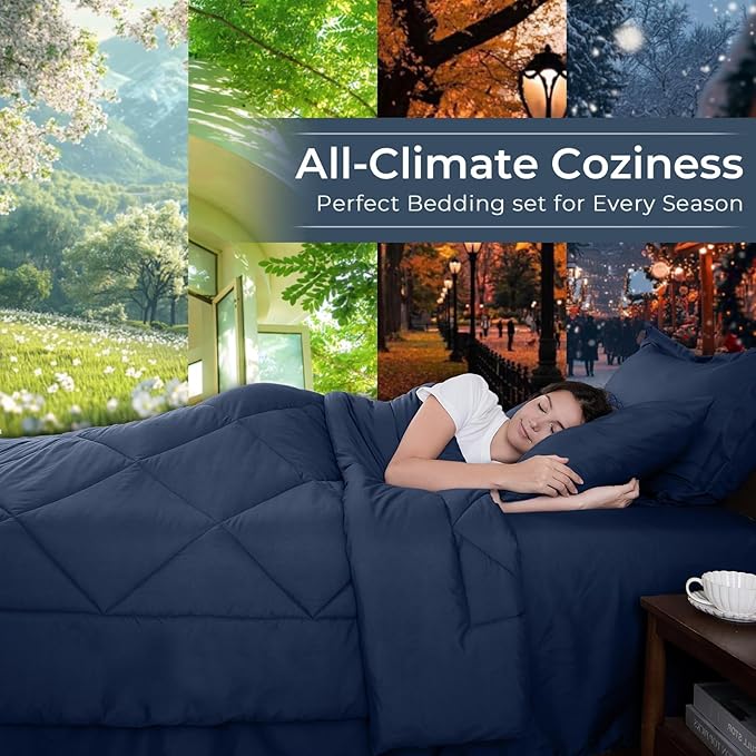 HEVUMYI Navy Blue Twin-XL Comforter Set - 5-Piece All Season Bed in a Bag Twin-XL, Ultra Soft Bedding Set with Comforter, Flat Sheet, Fitted Sheet, Pillowcases, Pillow Shams, Navy Blue