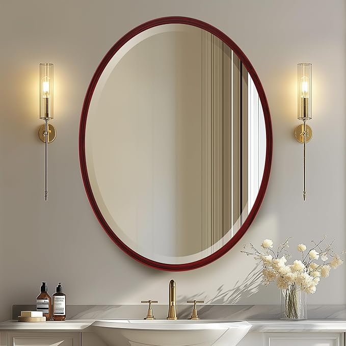 OVALCREST - Oval Wooden Beveled Wall Mirror for Home Decor, Bathroom, Vanity, Bedroom, Living Room, Hallway - London Style (Black Cherry) 25.1 x 37.1