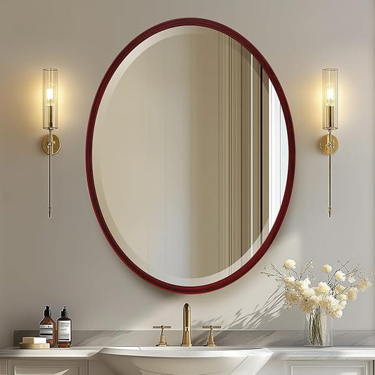 OVALCREST - Oval Wooden Beveled Wall Mirror for Home Decor, Bathroom, Vanity, Bedroom, Living Room, Hallway - London Style (Black Cherry) 13.1 x 17.1