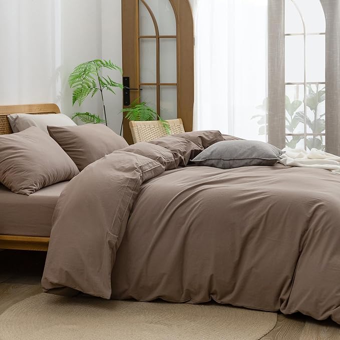 BESTOUCH Duvet Cover Set 100% Washed Cotton Linen Feel Super Soft Comfortable Chic Lightweight 3 PCs Home Bedding Set Solid Pine Bark Brown Super King