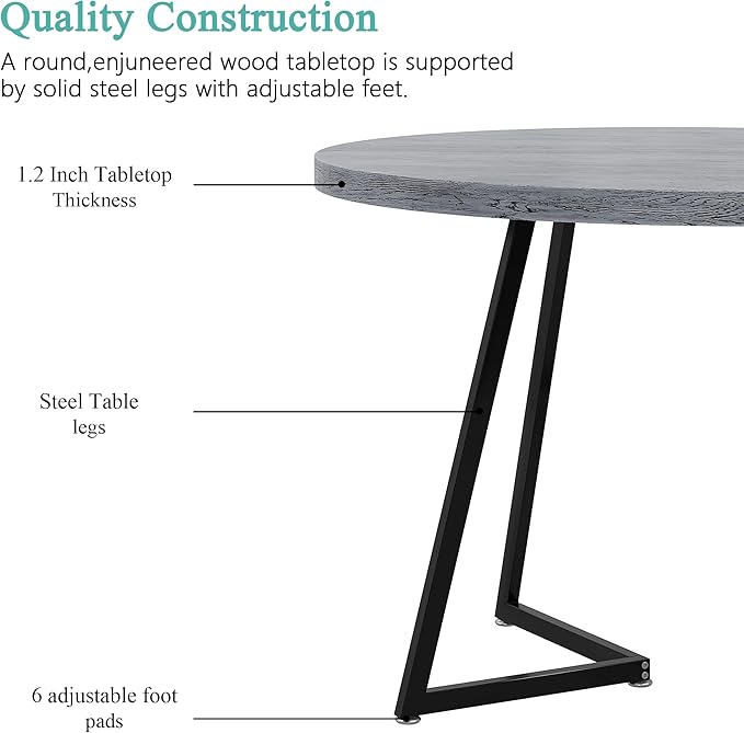 VECELO 35" Round Dining Table for 4, Wood-Grain Tabletop & Heavy-Duty Steel Frame, for Kitchen, Living Room, Easy Assembly, Light Grey