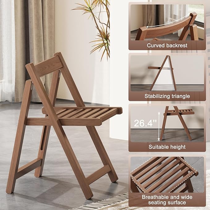 Soild Wood Folding Chairs Set of 2,Indoor or Outdoor Wooden Foldable Dining Chairs, 300lbs Capacity, Space-Saving and Portable Design for Home Kitchen, Lawn, Patio,No Assembly Needed
