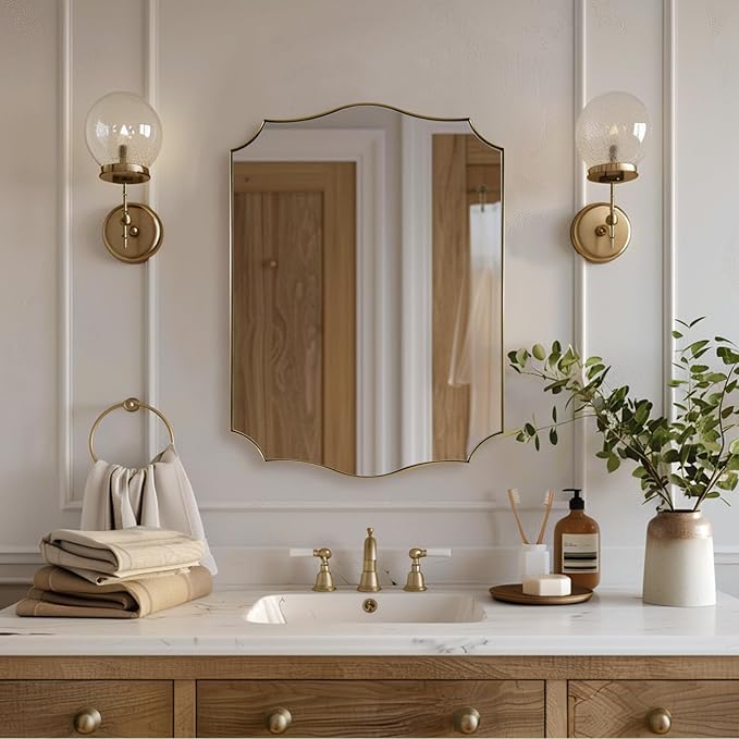 Gold Mirror for Bathroom, Gold Scalloped Bathroom Mirror, Vintage Vanity Mirror, Irregular Mirror in Stainless Steel, 22 x 30 Antique Brass Mirror, Wall Mounted Mirrors with Curved Edge