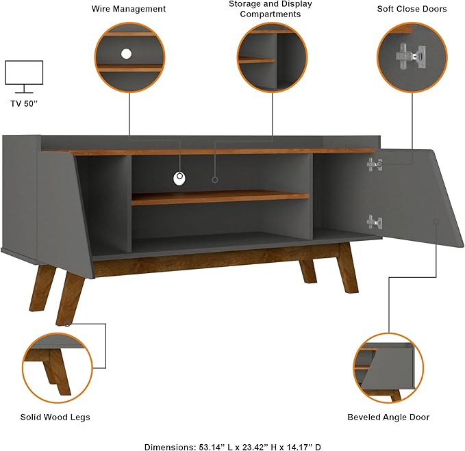 Manhattan Comfort Marcus Mid Century Modern 55 Inch TV Stand with Solid Wood Legs, Cable Management, 4 Shelves and Soft Close Doors, Entertainment Center and Media Console for Living Room, Grey