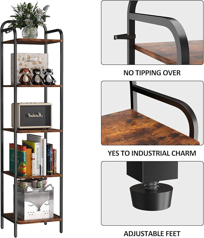 5 Tier Bookshelf, Bookcase with 5 Shelves, Storage Rack Organizer, Corner Wood Storage Shelf with Metal Frame for Bedroom, Living Room, Rustic Brown