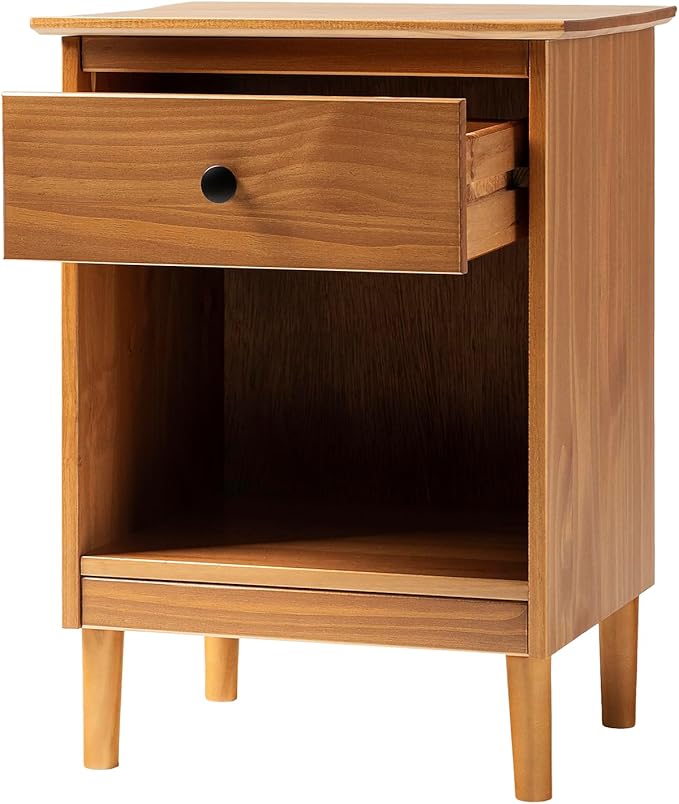 Walker Edison Traditional Wood 1 Drawer Nightstand Side Table Bedroom Storage Drawer and Shelf Bedside End Table, 18 Inch, Caramel