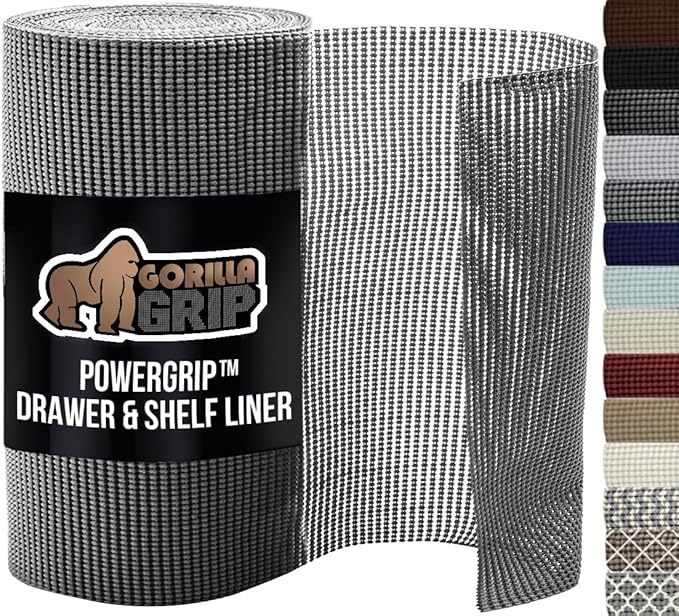 GORILLA GRIP powerGRIP Drawer Shelf and Cabinet Liner, Thick Strong Hold, Non-Adhesive Liners Protect Kitchen Cabinets and Cupboard, Bathroom Drawers, Easy Install, Breathable Mat, 12" x30', Gray