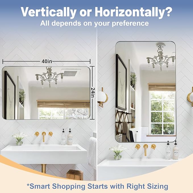 Brushed Nickel Bathroom Mirror, 24x40 Rounded Rectangle Mirror Modern Bathroom Vanity Mirror with Rustproof Alloy Aluminum Frame, Wall Mounted Vertically/Horizontally