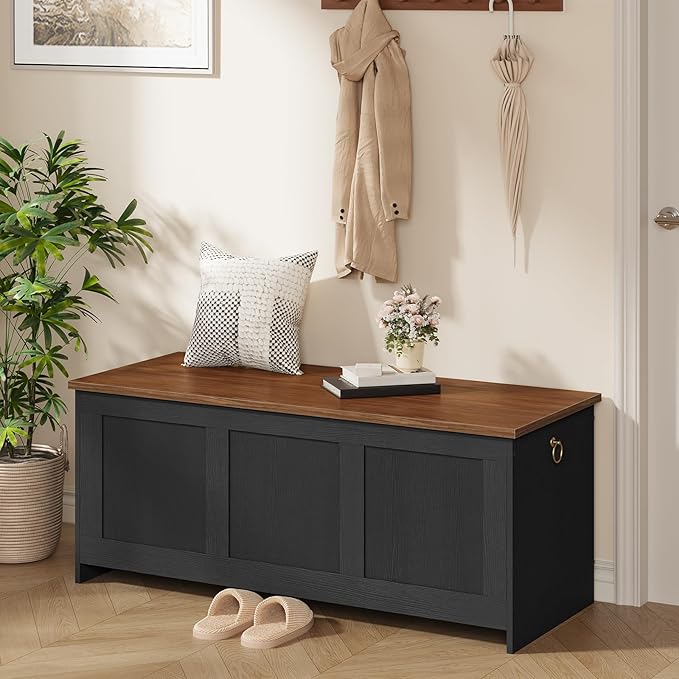 HOOBRO Storage Bench, 43.3" Retro Wooden Storage Chest, Wooden Storage Trunk, Toy Chest with Lift Top, Multifunctional Entryway Organizer, for Entryway, Living Room, Black and Walnut BH411CW01