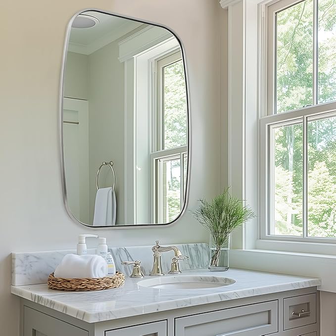 ANDY STAR Brushed Nickel Oval Bathroom Mirror for Over Sink, 24x36 Inch Bathroom Vanity Mirror with Unique Oblong Rounded Corner Tube Metal Frame-Modern Design with Anti-Rust Stainless Steel Frame