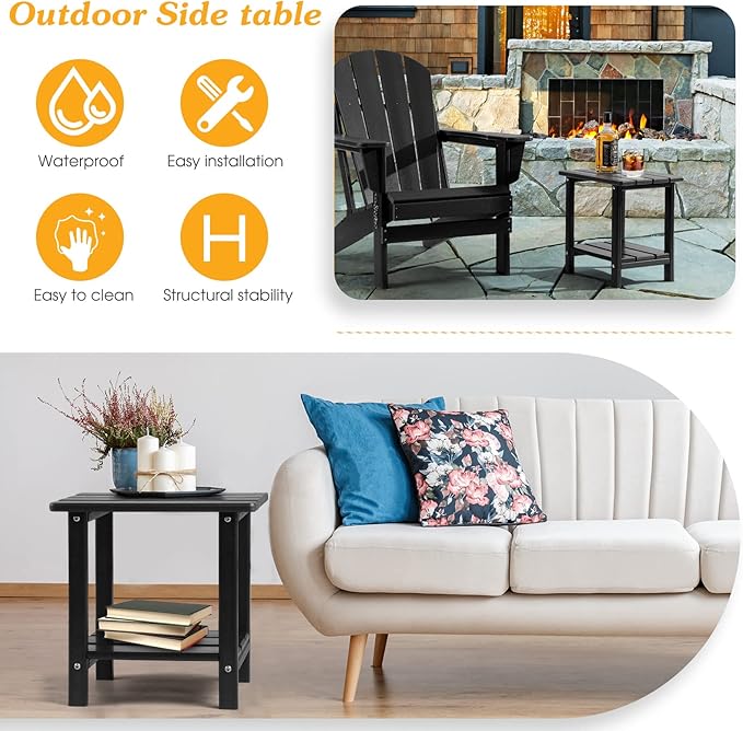 Adirondack Outdoor Side Table, 2-Tier Sturdy Patio End Table Weather Resistant, 16.5" Solid Side Table for Patio, Pool, Porch