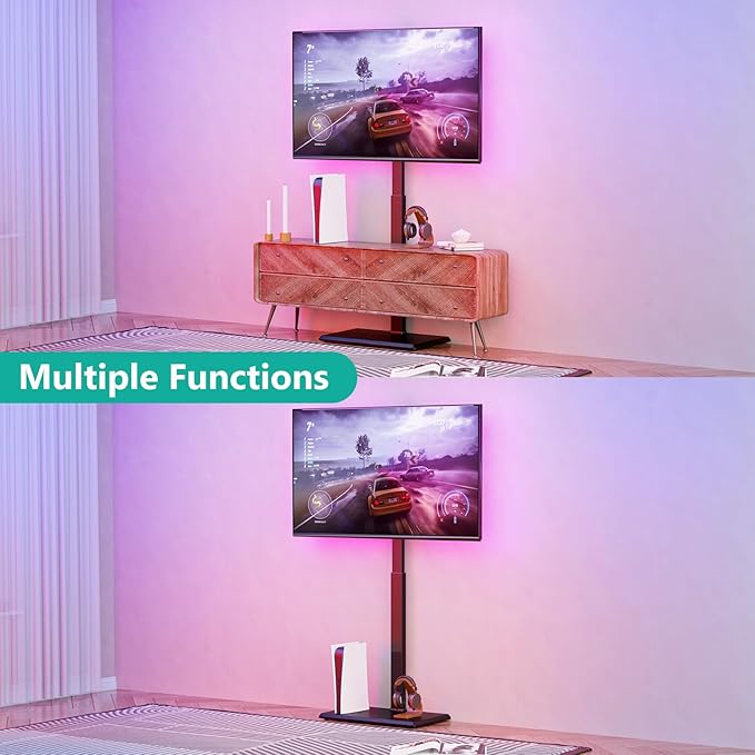 WALI Floor TV Stand with LED Lights, Tall TV Stand Mount for 32-75 inch TV up to 110 lbs, Swivel and Height Adjustable TV Stands with Wood Base for Bedroom, Office(TVDVD-7L), Black