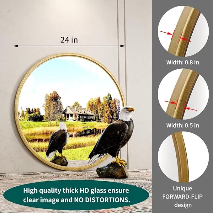 Growsun 24 inch Retro Gold Round Mirror Circle Wall Mirror for Bathroom Vanity, Entryway Living Room with Metal Frame for Home Decor