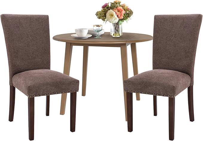 COLAMY 3-Piece Extendable Dining Table Set for 2, 36" Kitchen Round Wood Table with 2 Nailhead Dining Room Chairs,Light Brown/Brown