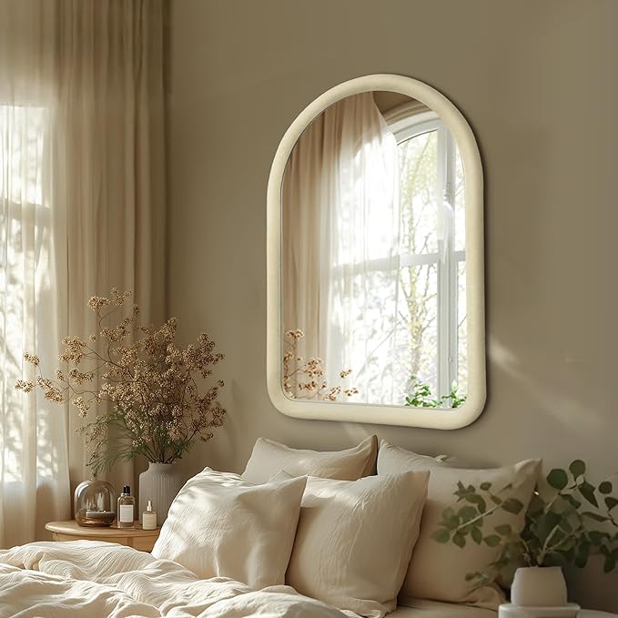 36"x24" Arched Bathroom Mirror, Wall Mounted Vanity Velvet Frame Mirror for Bedroom, Entryway, Living Room, Cream White