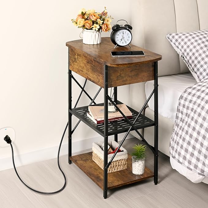Narrow Side Table with Charging Station, End Tables Set of 2 for Small Spaces, Flip Top End Table with Storage, End Tables Living Room, Nightstand Set 2 with Drawer for Bedroom, Brown