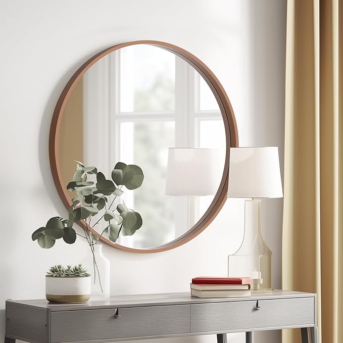 HOMECOOKIN Round Wood Mirror, 24" Round Bathroom Wall Mirror Circle Mirrors for Wall Decor, Vanity, Living Room, Bedroom, Entryway, Walnut
