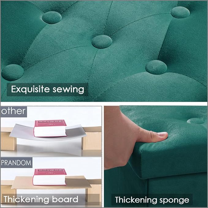 PRANDOM Ottoman with Storage [1-Pack] Velvet Folding Small Square Foot Stool with Lid for Living Room Bedroom Coffee Table Dorm Green 17x13x13 inches