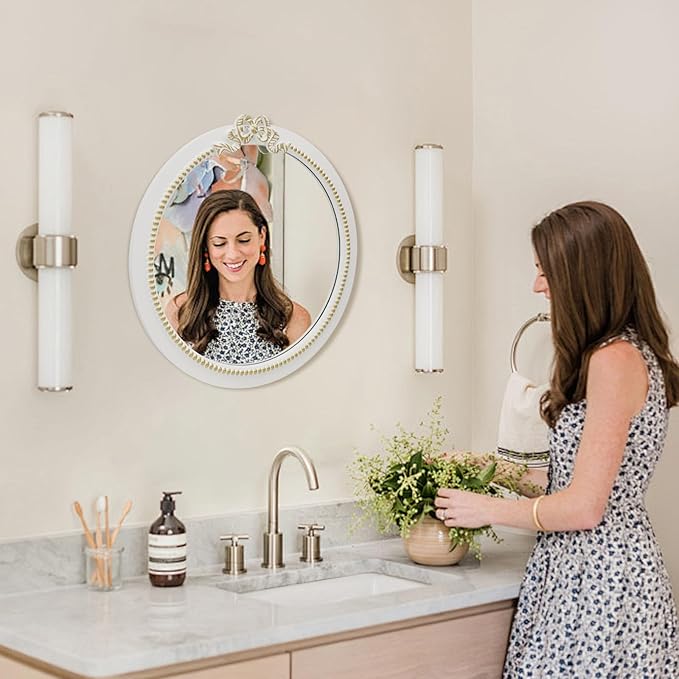 Vintage Round Wall Mirror 20inch Farmhouse Wooden Vanity Mirror for Wall Decor, Decorative Antique White Bathroom Mirrors, Traditional Art Home Bow Decor for Dressing Table, Living Room or Bedroom