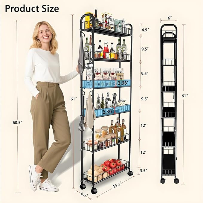 6-Tier Slim Storage Cart with Wheels,6in Narrow Rolling Shelf,Sturdy Slim Storage Ideal for Kitchen, Bathroom, and Laundry Room, Yellow