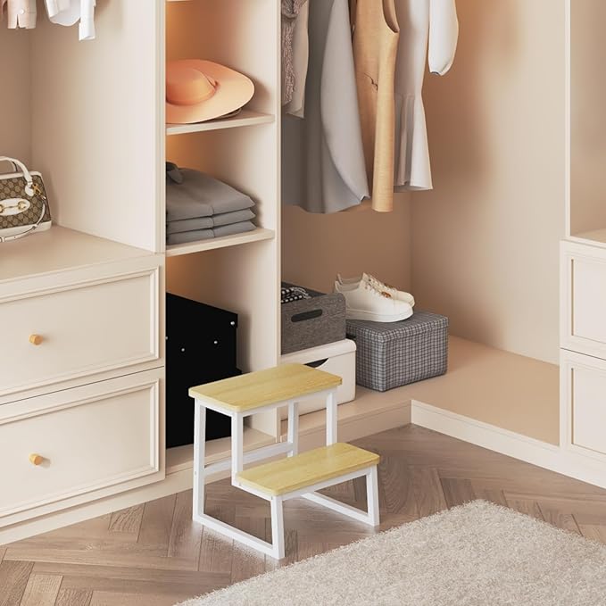 Step Stool for Adults & Kids,Holds up to 500Lbs,Heavy Duty Sturdy Steping Stool for Kichen/Bathroom/High beds, Wooden&Metal Frame, Non-Slip Rubber Pads