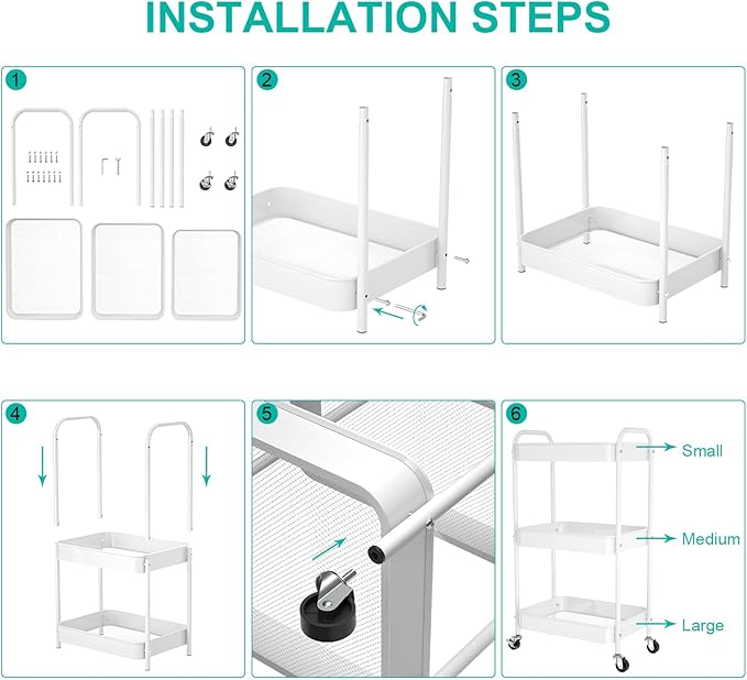 3-Tier Rolling Metal Storage Cart with Wheels, Multi-Functional Organizer for Office, Kitchen, Bathroom, Books Diapers - Easy Assembly (White)