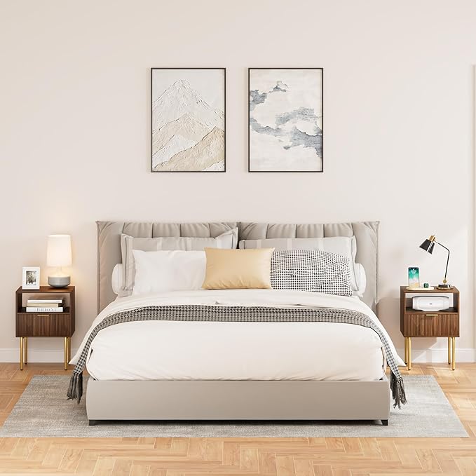 Nightstand,Small Bedside Table with Gold Frame,Morden Night Stand with 2 Drawer,End Table,Side Table with Drawer and Shelf for Bedroom,Living Room (Grey-1Drawer)