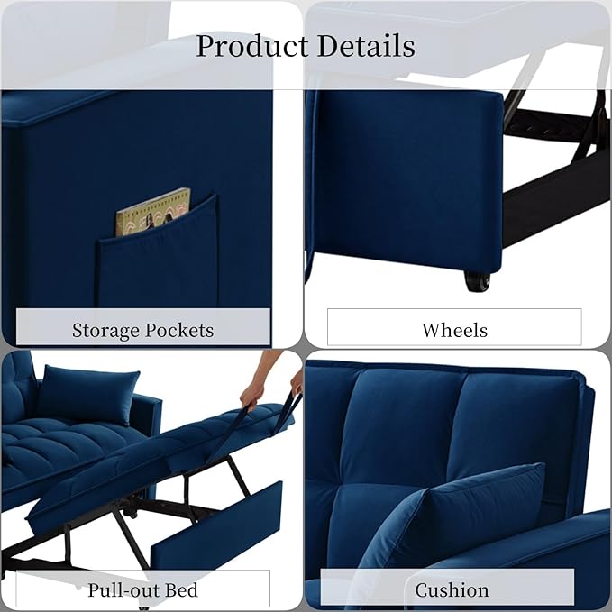 KEIKI Velvet Loveseat Convertible Sofa Bed Sleeper Chair with Adjustable Backrest, Pillows & Storage Pockets, 3 in 1 Pull-Out Couch Chaise Lounge Recliner for Living Room Balcony Bedroom, Navy