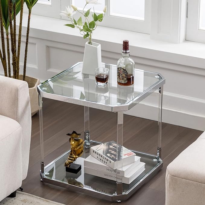 Glass Top Side Table - Silver Square Glass Top End Table Clear Acrylic Nightstand for Living Room Bedside Bedroom