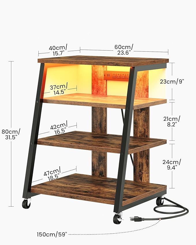 4-Tier AV Media Stand with Wheels, Stereo Stands, Media Console Shelf with Power Strips, LED Lights, Wooden Audio Cabinet Rack Tower, Rustic Brown and Black TCJ60UDBF