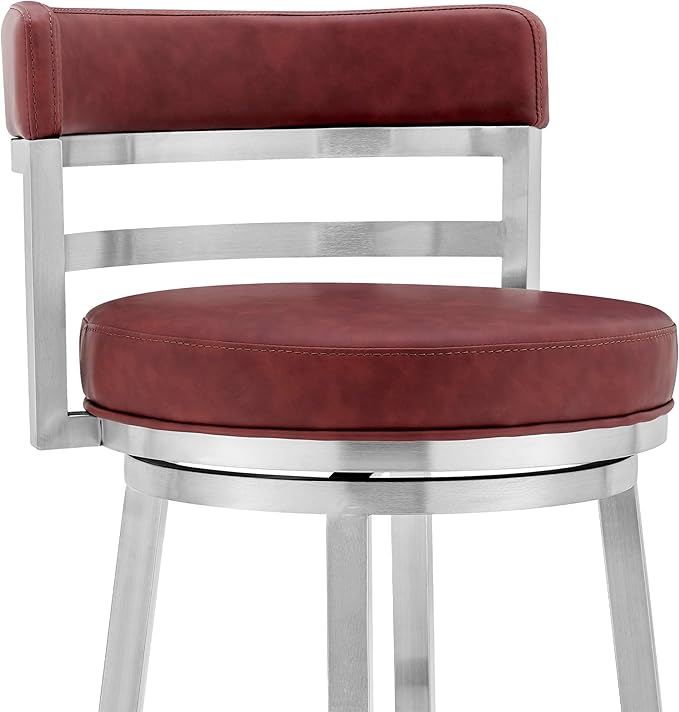 Armen Living Madrid 26" Seat Height Swivel Modern Red Faux Leather and Brushed Stainless Steel Bar Stool for Kitchen Island Counter
