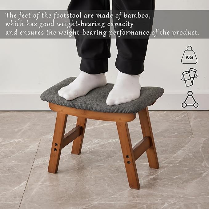 Foot Stool,Ottoman,Bamboo Small Sofa Foot Rest Under Desk,Extra Seating for Living Room, Bedroom and Kitchen (Brown Stool Legs - Gray Surface)