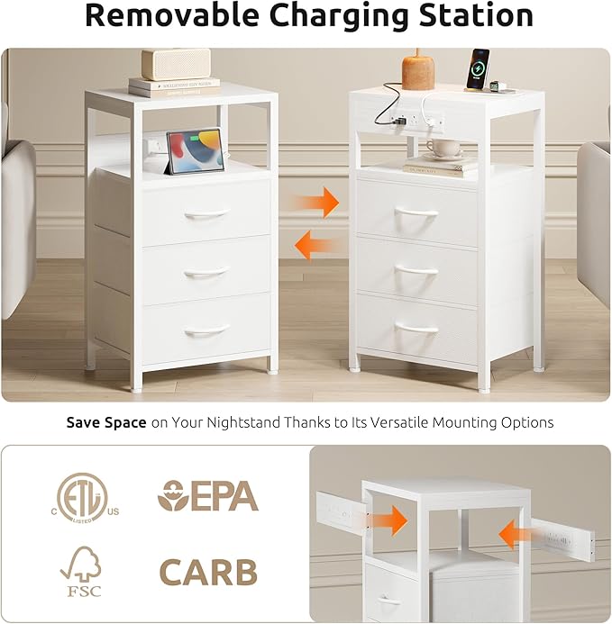 NightStand Bedside Charging Table Bedroom - White Night Stand with Charger Station, USB-C USB Ports & AC Outlets for Dorm, Living Room, Modern End Table with Open Shelf & 3 Fabric Drawers