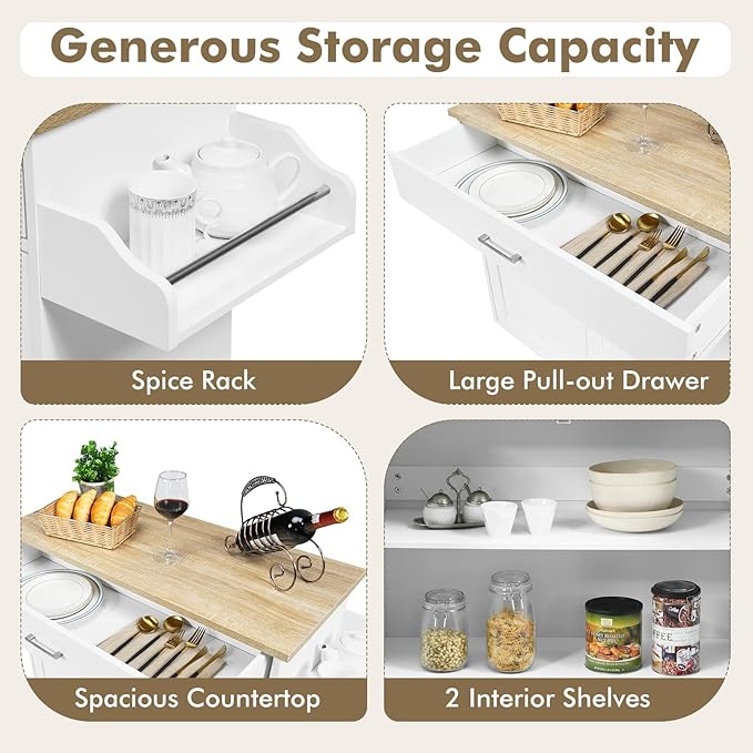 COSTWAY Kitchen Island On Wheels, Rolling Storage Trolley Cart with Large Cabinet, Drawer, Spice Rack and Towel Rack, Kitchen Serving Utility, 3-Position Adjustable Shelf (White)