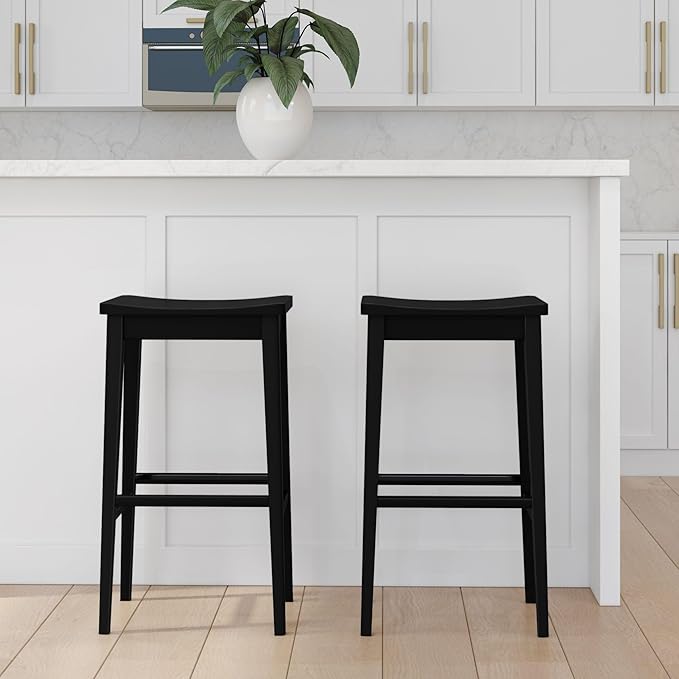 Plank+Beam Smythe Bar Stool, 30", Set of 2, Sturdy Wood Modern Kitchen Bar Height Stool, Saddle Seat Backless Counter Chair, Metal Footrest, Black