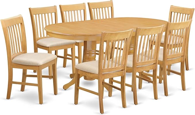 East West Furniture VANO9-OAK-C 9 Piece Dining Set Includes an Oval Dining Table with Butterfly Leaf and 8 Linen Fabric Kitchen Room Chairs, 40x76 Inch, Oak