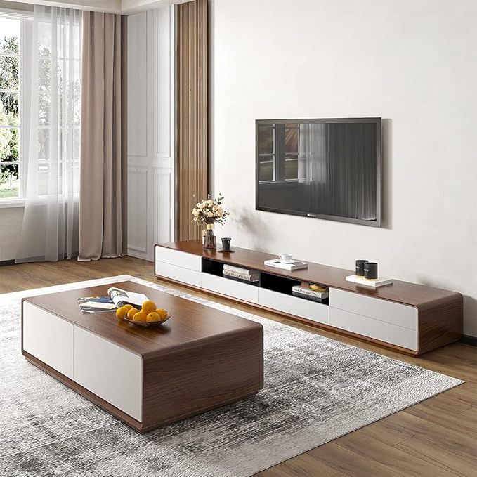POVISON Modern Wood White TV Stand 78", Fully-Assembled Open Storage Cabinet, Lowline Media Console with 4 Drawers, Walnut Veneer (TV Stand Only)