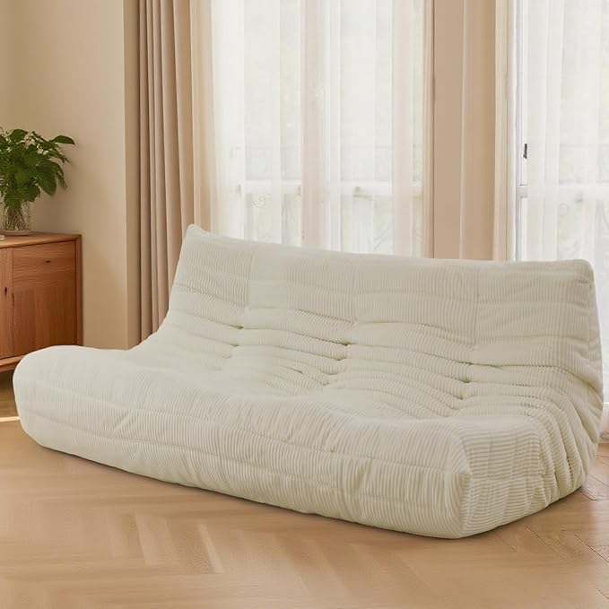 Fireside Three-Seater Mid-Century Armless Sofa — Floor Lounger in Soft Premium Corduroy, Foam-Filled Accent Chair for Living Room or Bedroom (Ivory, Three Seater)
