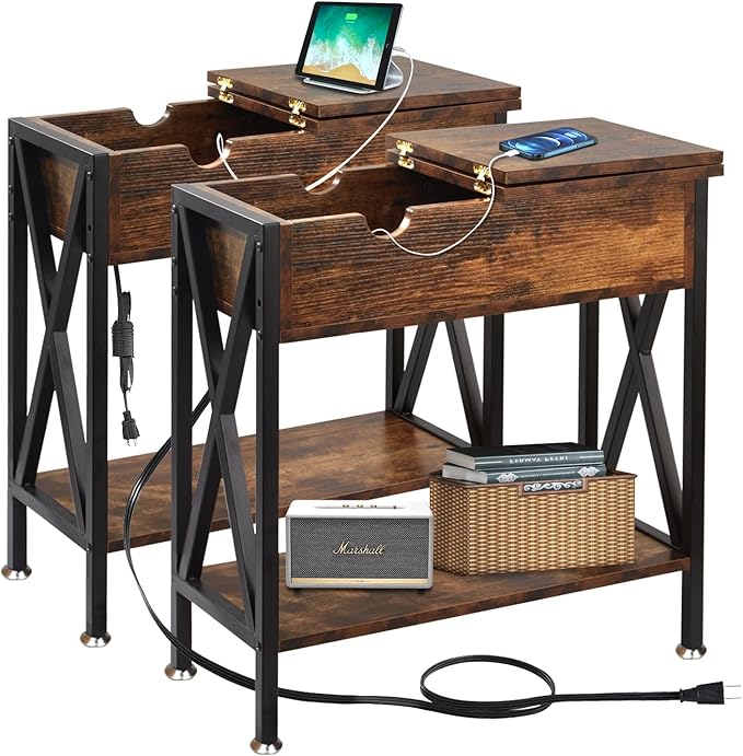 TooCust End Tables Living Room Set of 2, Narrow Side Table with Charging Station, 11.2"D x 24"W x 24"H, Flip Top End Table with USB Ports and Outlets, Couch End Tables Set of 2, Steel X-Shaped Frame