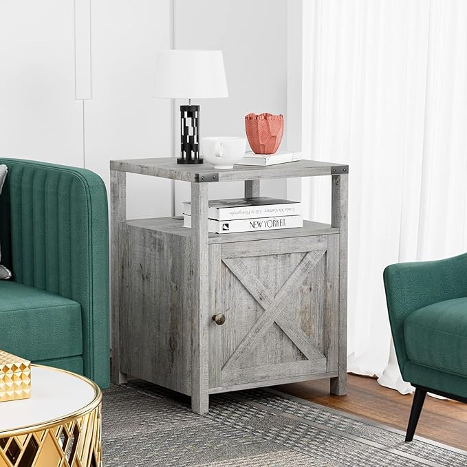 Farmhouse Nightstand Set of 2, Rustic End Table with Storage, Bedroom Night Stand, Industrial Bedside Table with USB Ports and Outlets, 17.7 x 17.7 x 23.6 inches, Grey