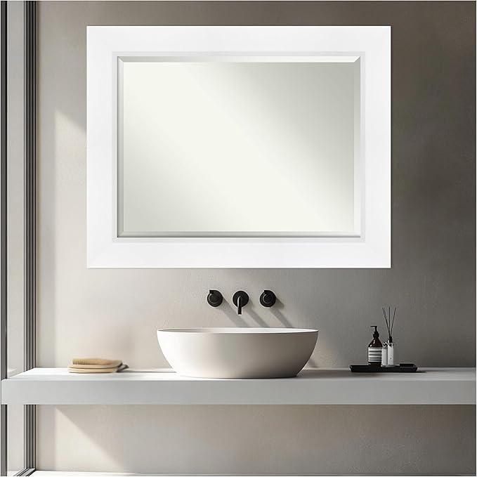 Amanti Art White Bathroom Mirror for Over Sink, 30x24 Sloped White Rectangle Vanity Mirror, Medium Modern Contemporary Frame, Hangs Horizonally and Vertically, Bathroom Wall Decor, Beveled Edge